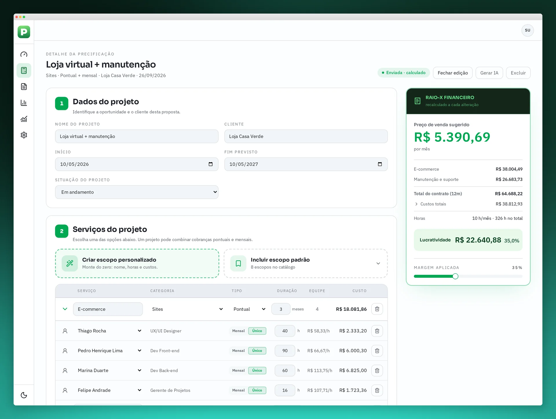 Calculadora do Precific.AI com serviços, equipe e Raio-X financeiro do projeto Loja virtual + manutenção